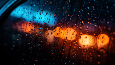 Raindrops cling to a window pane, creating a beautiful abstract scene as colorful city lights...
