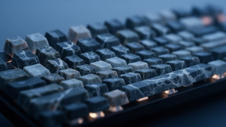 A stunning keyboard crafted from marble pieces stands out against a dark surface. The intricate patterns and colors of the keys create a bold statement in this contemporary tech space.の写真素材