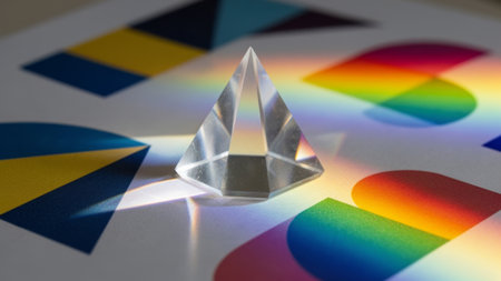 A crystal prism sits atop vibrant geometric shapes, casting a spectrum of colors on the surface...