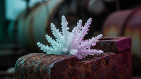 A stunning crystal structure sits atop a weathered metal surface. The delicate formation glows...