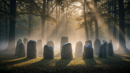 Surrounded by ancient trees, a circle of weathered stones rises from the ground, draped in early morning mist. Sunlight filters through the canopy, creating a mystical atmosphere.の写真素材