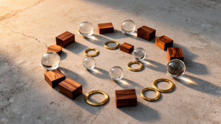 A captivating display of wooden blocks, glass spheres, and golden rings forms a circular arrangement.の写真素材