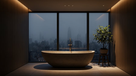 A sleek bathtub sits elegantly in a minimalist bathroom, offering a breathtaking view of the city...