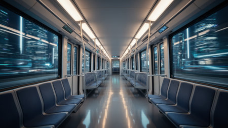 Passengers enjoy a smooth ride in a sleek subway train, surrounded by glowing buildings and city lights. The modern interior enhances the experience of this bustling urban environment.の写真素材