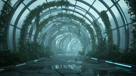 A tranquil walkthrough in a modern greenhouse features curved glass walls adorned with lush greenery. Soft neon lights illuminate the stone path, creating a mysterious and serene atmosphere.の写真素材
