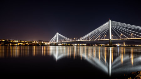 Under the night sky, a stunning cable-stayed bridge showcases vibrant lights that dance on the surface of the serene water. The peaceful scene captures the beauty of urban life at night.の写真素材
