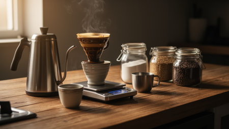 Steam rises from a coffee dripper as fresh grounds are infused, creating a warm and inviting atmosphere in a sunlit kitchen. Jars of ingredients and coffee tools fill the wooden table.の写真素材