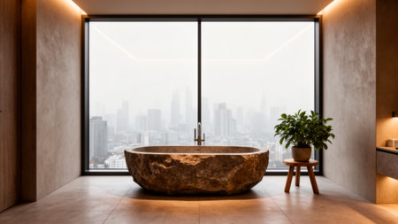 A spacious bathroom features a unique stone bathtub near a large window. Outside, the city skyline...