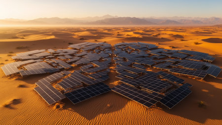 A breathtaking view captures a sprawling solar panel farm nestled in a vast golden desert during...