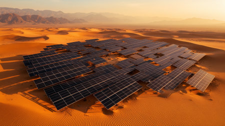 Rows of solar panels stretch across the warm sands of a desert, capturing sunlight as the sun sets. The mountains loom in the background, blending nature and technology harmoniously.の写真素材
