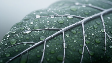 Amidst a serene garden, a lush green leaf holds glistening droplets of water, reflecting the soft...