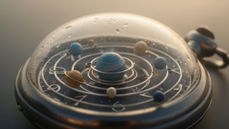 A detailed view of a pocket watch featuring a miniature solar system. Colorful planets orbit a...