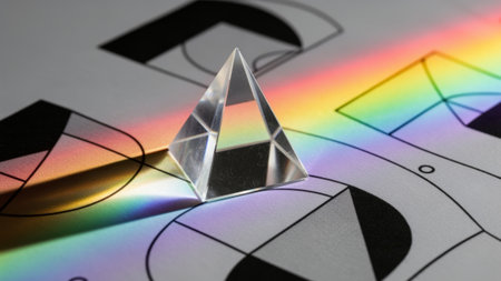 A clear prism sits on a flat surface, casting vibrant rainbow hues onto patterned geometric shapes....