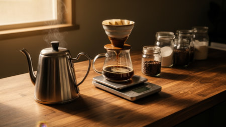 Hot steam rises as water is carefully poured over coffee grounds in a pour-over setup. A calm...