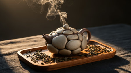 Steam rises from a creative stone-shaped teapot resting on a wooden tray. Loose tea leaves surround...
