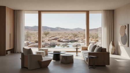 A spacious living room features natural materials and minimalistic design, overlooking a vast desert landscape. Sunlight floods the room, highlighting the tranquil atmosphere and panoramic views.の写真素材