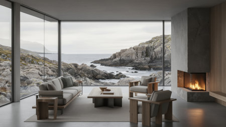 This stylish lounge features minimalist furniture and expansive glass walls that reveal breathtaking...