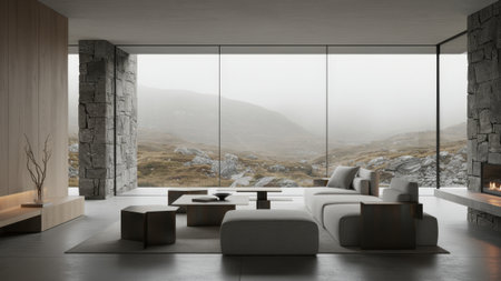 This stylish living room features large windows revealing breathtaking fog-covered mountains.