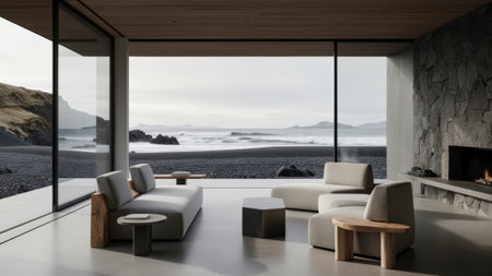 This serene living area features sleek furniture and large windows showcasing a tranquil coastline...