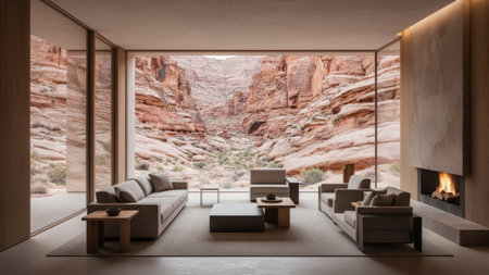 A stylish living room features soft sofas and earthy decor, offering breathtaking views of red rock cliffs at sunset. The warm glow of a fireplace invites relaxation in this serene space.の写真素材