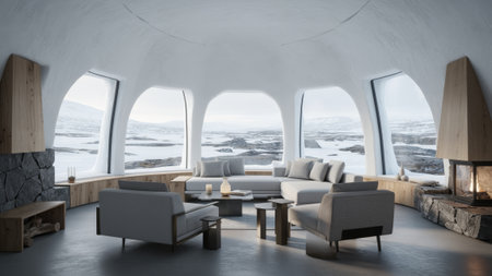 A serene living space features minimalist furniture and large windows showcasing a snowy outdoor...