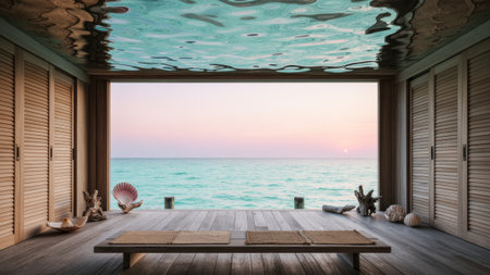 A tranquil scene unfolds as the sun sets over the ocean, viewed from a cozy coastal retreat. Soft waves lap at the shore while seashells and driftwood decorate the peaceful space.の写真素材