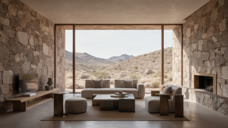 Bright and airy space showcases a minimalist living area with stone walls. Floor-to-ceiling windows frame breathtaking mountain scenery, inviting the outdoors inside.の写真素材