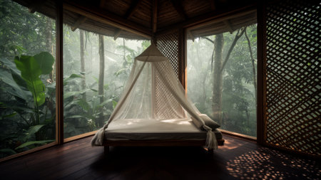 A serene jungle cabin features a comfortable bed draped with a light canopy. Sunlight streams through large windows, illuminating the lush greenery outside, creating a peaceful atmosphere.の写真素材