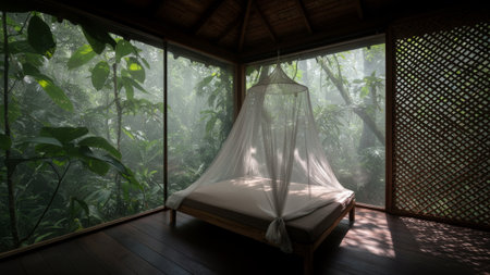 Soft morning light filters through the trees, illuminating a peaceful sleeping area. The bed is draped in a light canopy, inviting relaxation amidst the vibrant jungle setting.の写真素材