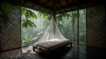 In a tranquil jungle setting, a simple bed lies beneath a delicate canopy, framed by vibrant leaves. Soft morning light filters through, enhancing the peaceful atmosphere of this serene getaway.の写真素材