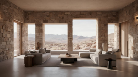 In a beautifully designed living room, natural light floods in through large windows, offering...