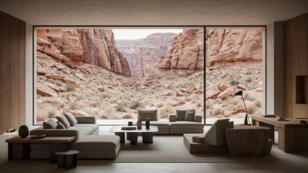 A spacious living area showcases sleek furniture, framed by a giant window revealing stunning red rock formations and desert landscape. Soft colors create a calming atmosphere, perfect for unwinding.の写真素材