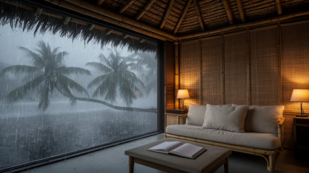 Inside a warm, inviting bamboo room, raindrops cascade against large windows. Palm trees sway in the stormy weather, creating a peaceful atmosphere perfect for relaxation and reading.の写真素材