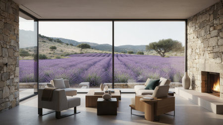 A modern living room features large windows revealing vast lavender fields under a clear blue sky. The natural light fills the space, highlighting the peaceful surroundings and stylish decor.の写真素材