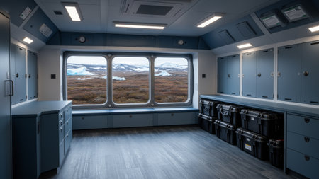 Bright and spacious work area features large windows showcasing breathtaking landscapes. Sleek...
