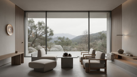 Soft natural light fills the airy room, where simple furniture creates a tranquil atmosphere. Large...