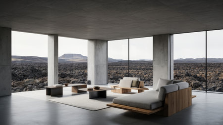 A spacious living area features sleek furniture and large windows showcasing a breathtaking volcanic...