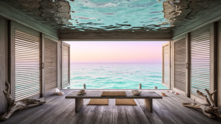 A tranquil scene unfolds where the ocean meets a cozy wooden retreat. Water laps softly against the structure, and the soft glow of sunset casts a peaceful ambiance.の写真素材