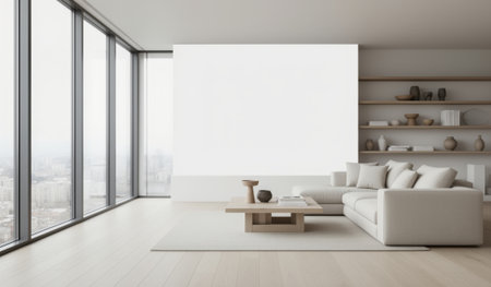 A spacious living room features large windows showcasing a panoramic city view. Minimalist furniture in neutral tones enhances the bright, airy atmosphere, creating a cozy yet elegant space.の写真素材