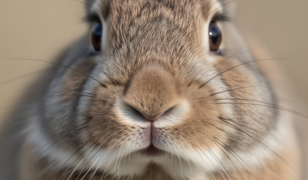 A fluffy rabbit sits calmly with its captivating eyes focused on the viewer. Soft fur glistens in the sunlight, creating a warm and serene atmosphere in a tranquil outdoor setting.の写真素材