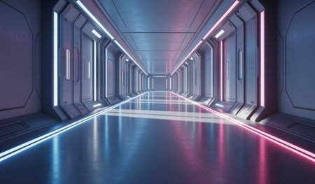 Dimly lit corridor stretches ahead, with glowing blue and pink lights outlining the sleek walls. The modern design hints at advanced technology, creating a sense of intrigue and adventure.の写真素材