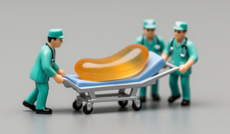 Tiny medical figures dressed in scrubs carefully wheel a bright jelly-like object on a stretcher through a playful and imaginative setting. The scene is vibrant and whimsical, showcasing teamwork.の写真素材