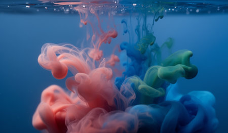 Vivid clouds of pink, blue, and green collide and swirl in clear water, creating a mesmerizing underwater spectacle of color and movement. The tranquil scene evokes a sense of wonder and calmness.の写真素材