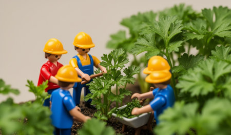 A small group of miniature workers is carefully tending to fresh green herbs in a garden. Bright hats and playful colors create a lively scene filled with growth and teamwork.の写真素材