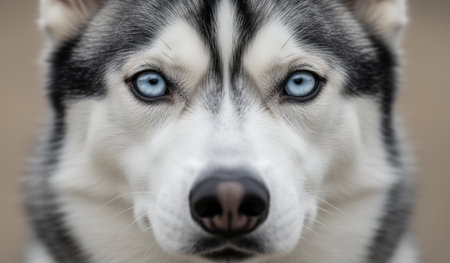 A husky with vivid blue eyes gazes directly into the camera, its thick fur glistening in the warm sun. The bright afternoon light highlights its unique markings.の写真素材