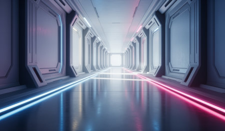 A sleek corridor stretches forward, featuring vibrant blue and pink lights along its polished floor. The bright light at the end invites curiosity and exploration in this sci-fi setting.の写真素材