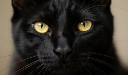 A captivating black cat sits in a warm setting, its bright yellow eyes reflecting curiosity and calmness.の写真素材