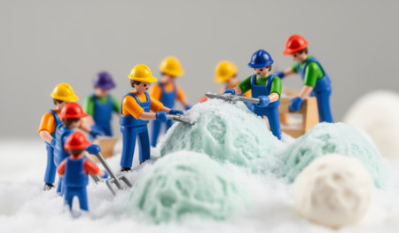Small toy workers in vibrant outfits engage in building an ice-themed scene with fluffy snow. They work together using tools to shape the icy terrain, creating a playful winter wonderland.の写真素材