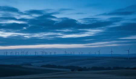 A serene landscape unfolds at dusk, showcasing a row of wind turbines scattered across rolling hills. The sky is filled with soft blues and grays, creating a peaceful atmosphere.の写真素材