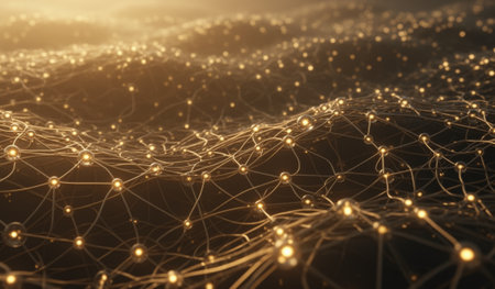 Golden lights shimmer across a vast digital landscape, creating an enchanting network. This captivating scene showcases connectivity and beauty as day transitions to night.の写真素材